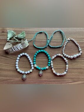 7pc Bohemian Bracelet Stack Lot - Pearl Turquoise Lotus Glow in the Dark